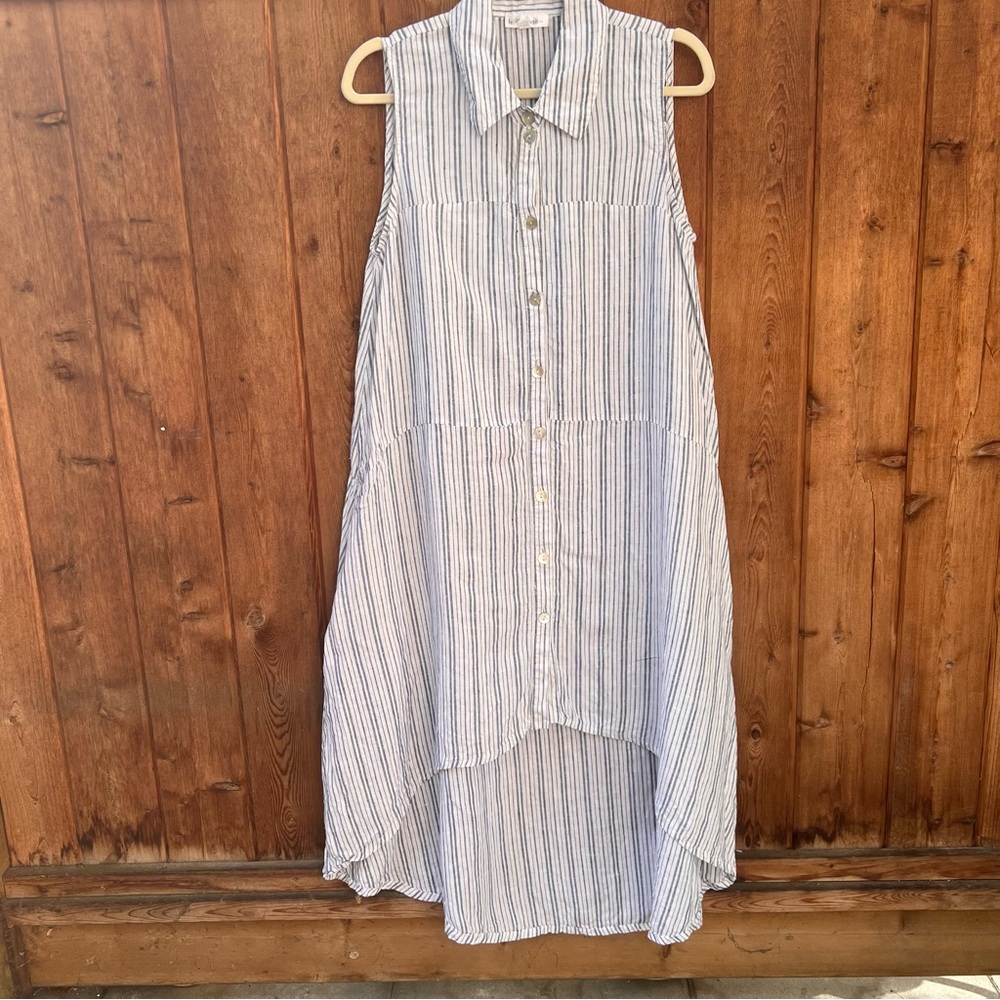 Le Paris Petit Linen Sleeveless Tunic Dress Pinstripe Button Down Size M - Picture 2 of 10